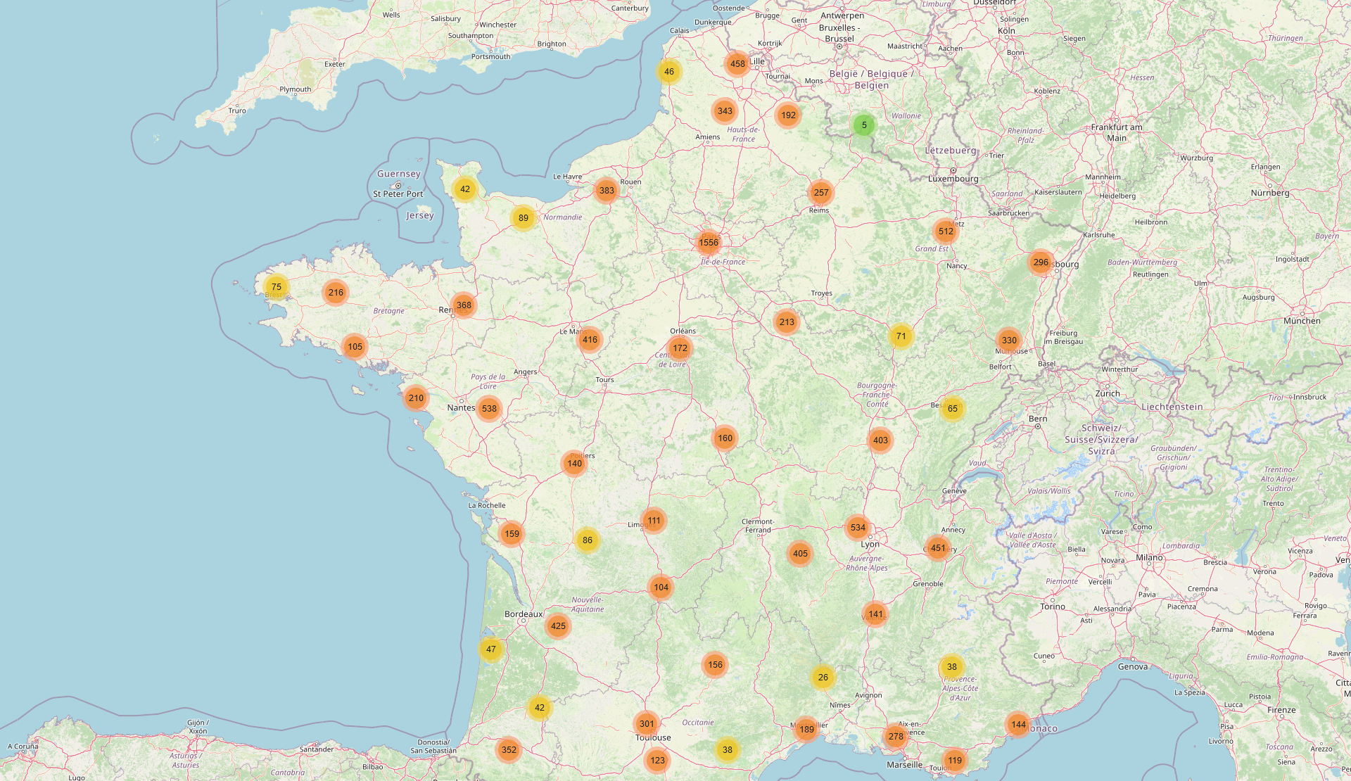 Carte de la France avec des PGs